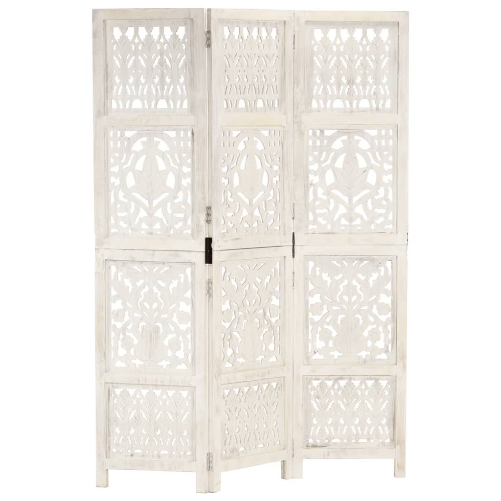 Hand carved 3-Panel Room Divider White 120x165 cm Solid Mango Wood - Brittle & Co