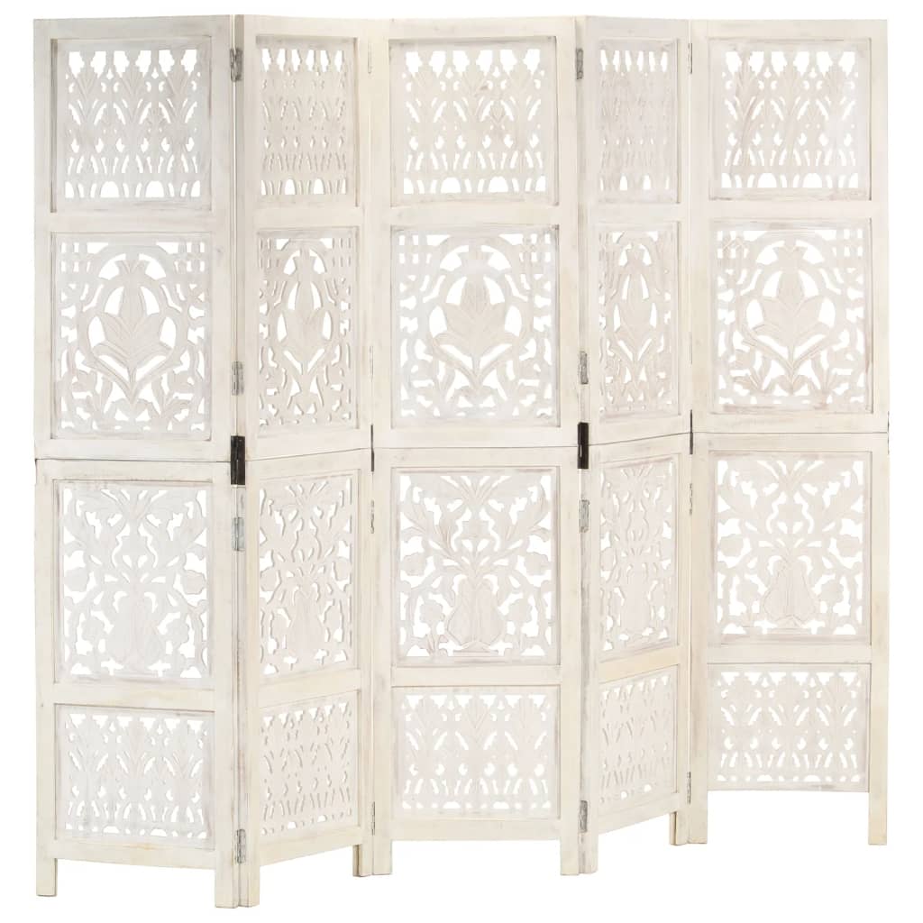 Hand carved 5-Panel Room Divider White 200x165 cm Solid Mango Wood - Merkel Designers