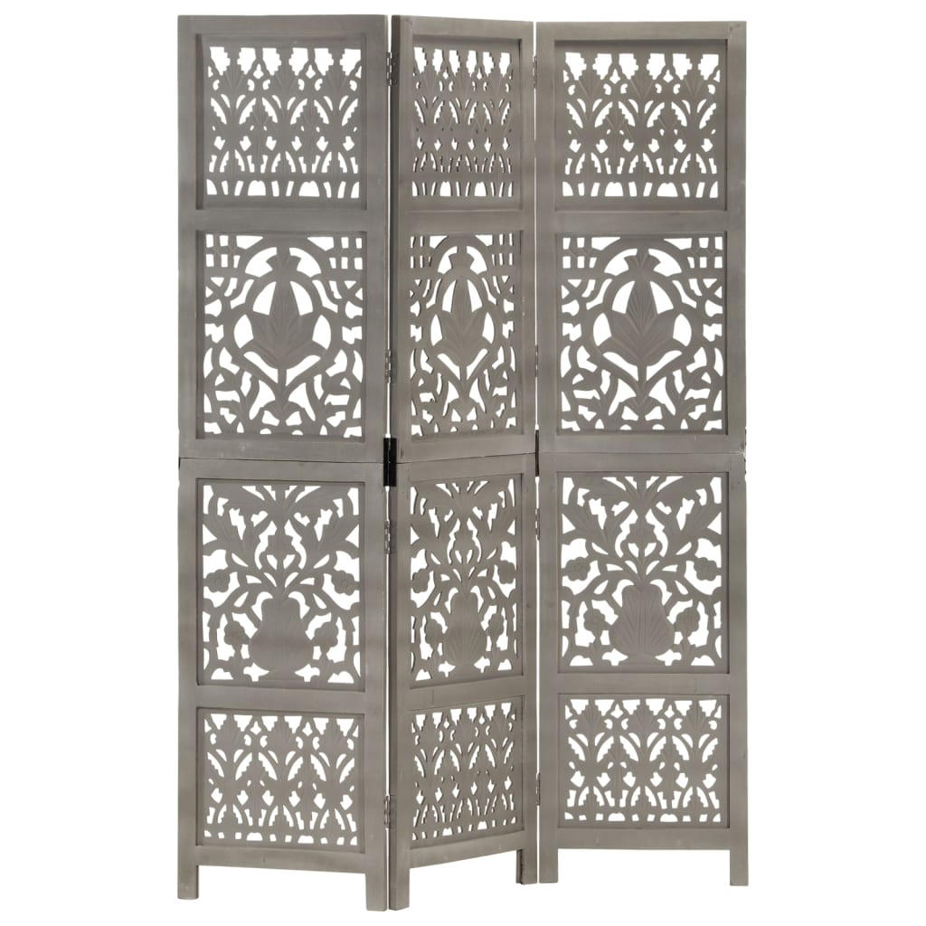 Hand Carved 3-Panel Room Divider Grey 120x165 cm Solid Mango Wood - The Home Maker