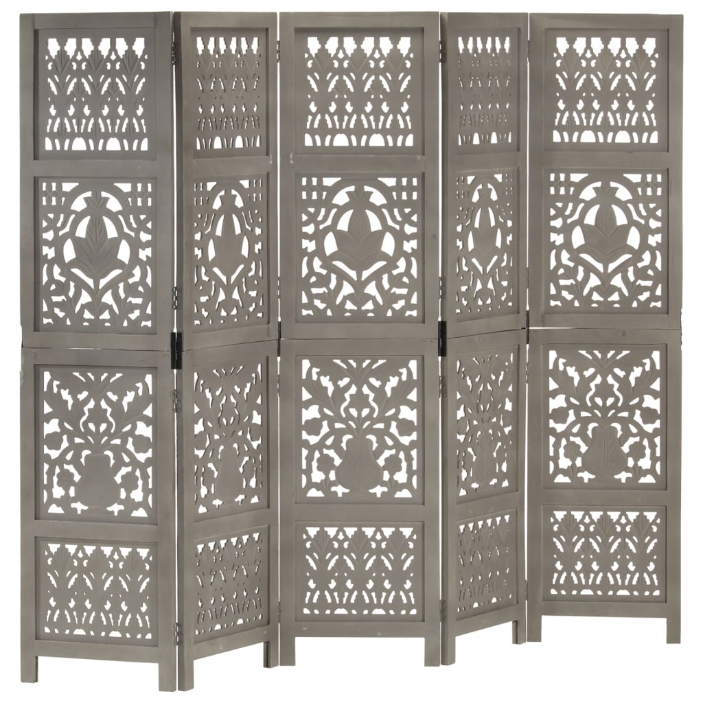 Hand Carved 5-Panel Room Divider Grey 200x165 cm Solid Mango Wood - Merkel Designers