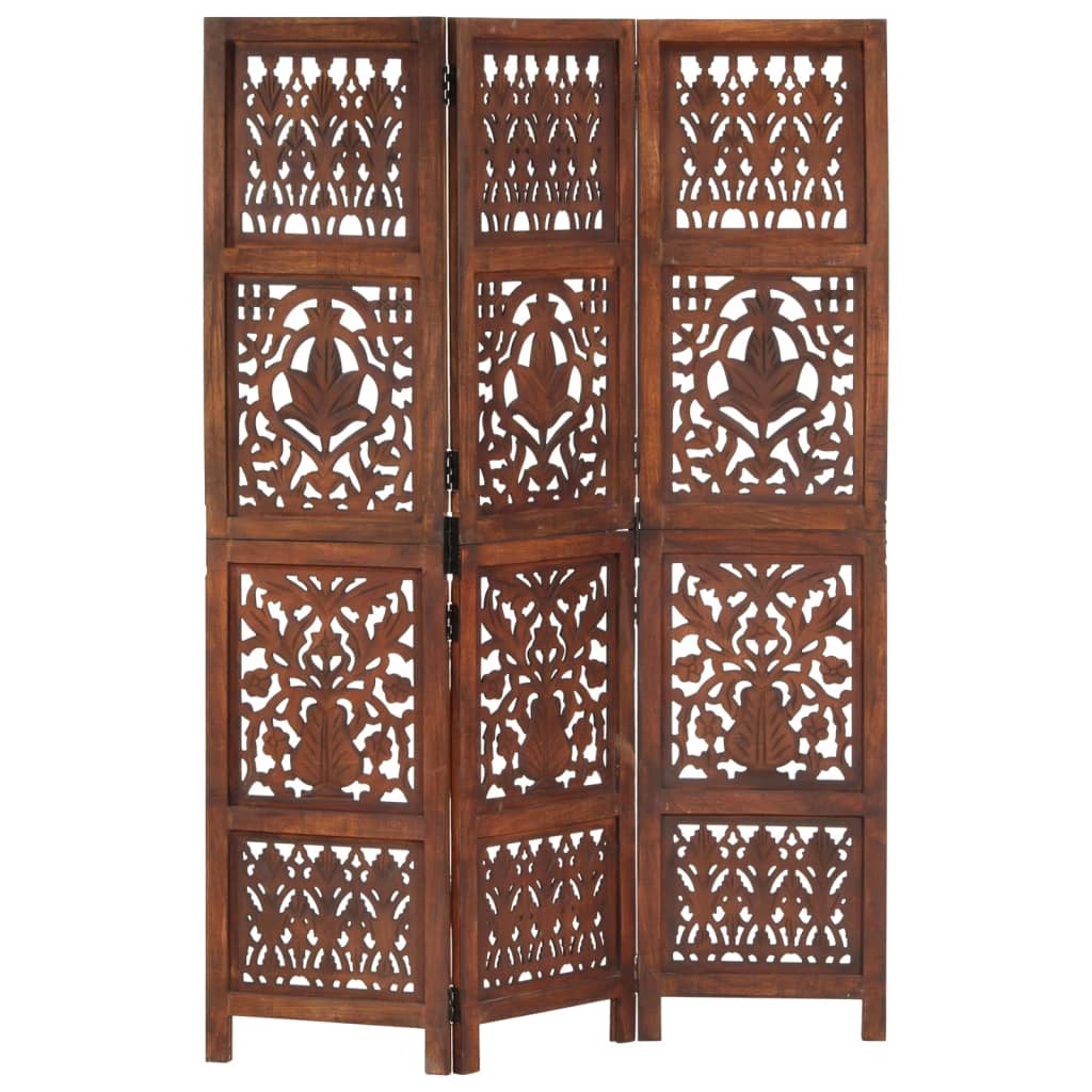 Hand Carved 3-Panel Room Divider Brown 120x165 cm Solid Mango Wood - All Things Good