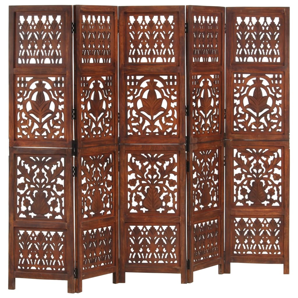 Hand Carved 5-Panel Room Divider Brown 200x165 cm Solid Mango Wood - Discount Dealers