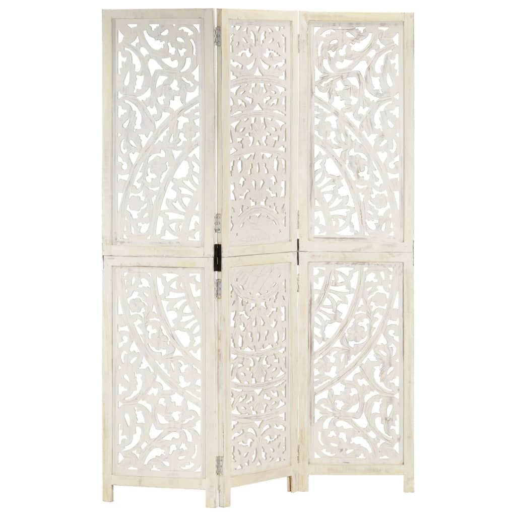 Hand carved 3-Panel Room Divider White 120x165 cm Solid Mango Wood - Direct Imports