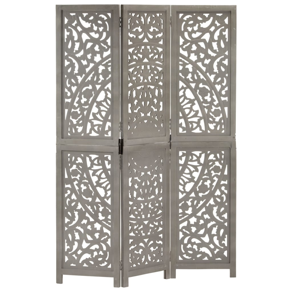 Hand carved 3-Panel Room Divider Grey 120x165 cm Solid Mango Wood - Casper Homes