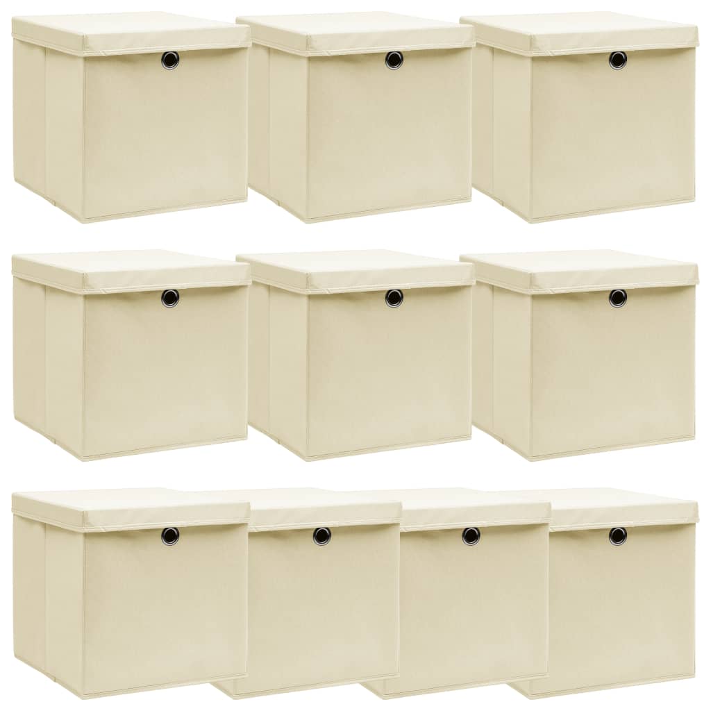 Storage Boxes with Lid 10 pcs Cream 32x32x32 cm Fabric - The Home Maker