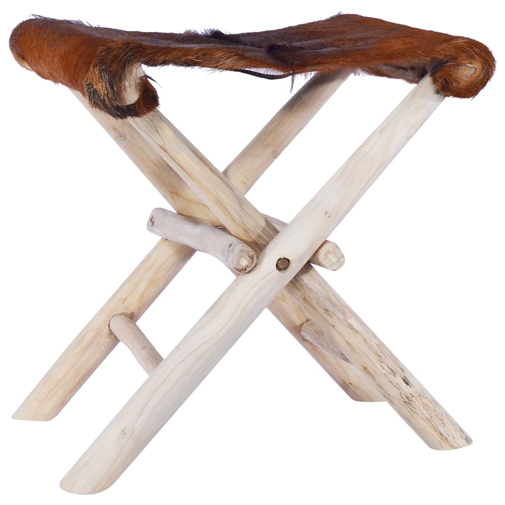 Folding Stool Real Leather and Solid Teak Wood - Direct Imports