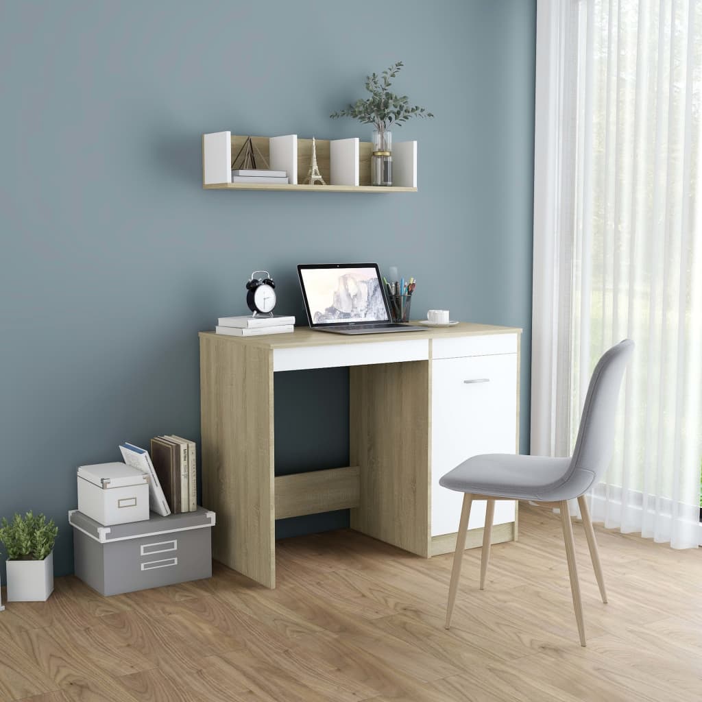 Desk White and Sonoma Oak 100x50x76 cm Engineered Wood - Tyrell & Tyrell