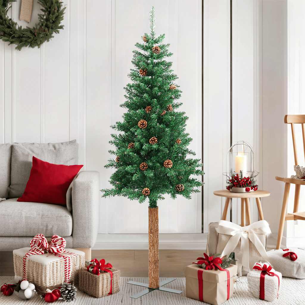 HIVORA Slim Christmas Tree with Real Wood and Cones Green 150 cm PVC - Charlotte Dunes