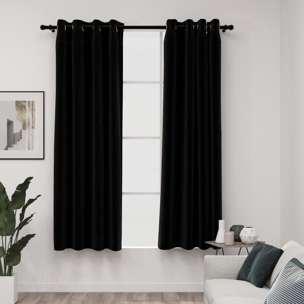 Linen-Look Blackout Curtains with Grommets 2pcs Black 140x175cm - Design Hut