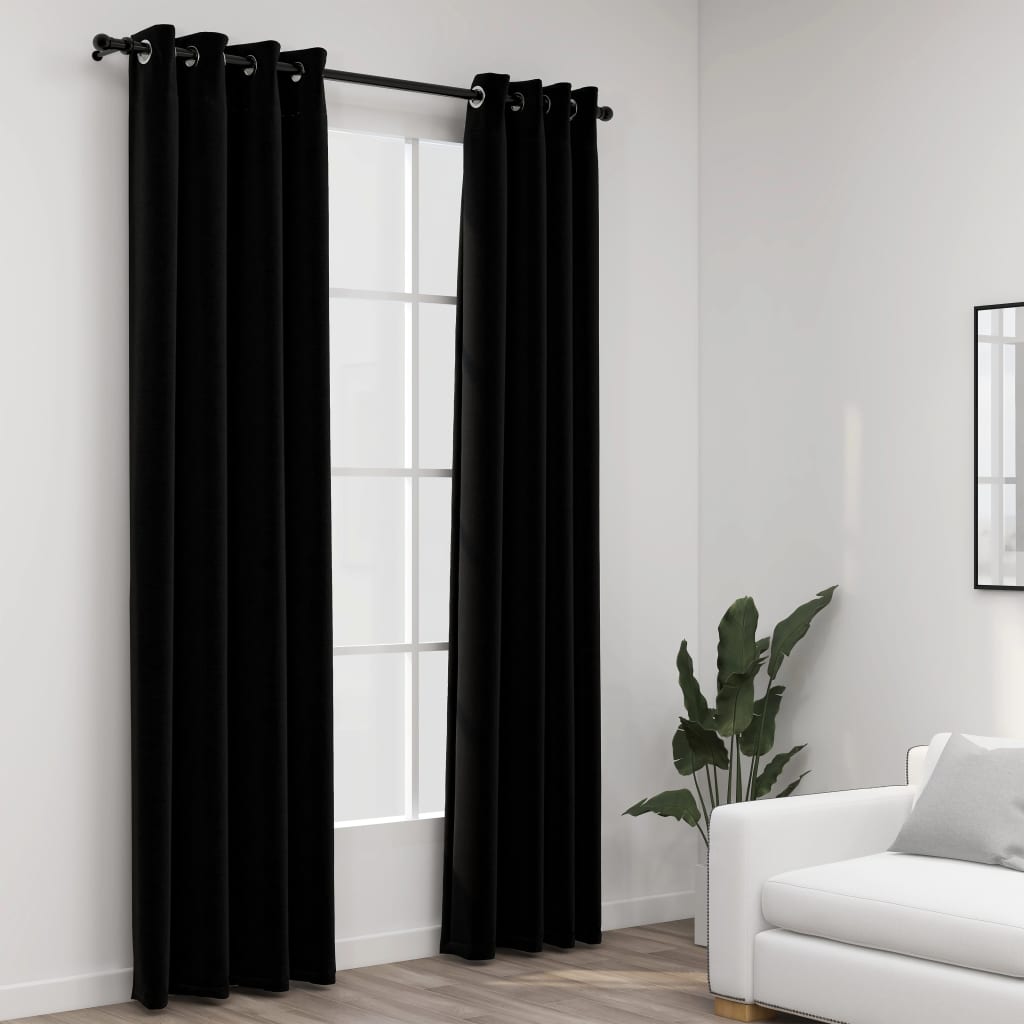 Linen-Look Blackout Curtains with Grommets 2pcs Black 140x225cm - R and M Furniture