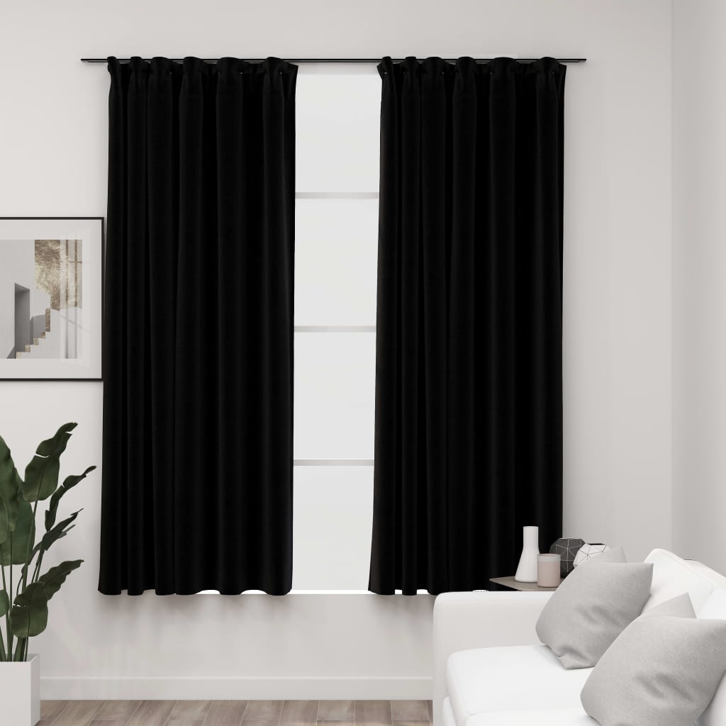 Linen-Look Blackout Curtains with Hooks 2 pcs Black 140x175 cm - Unbeatable Bargains