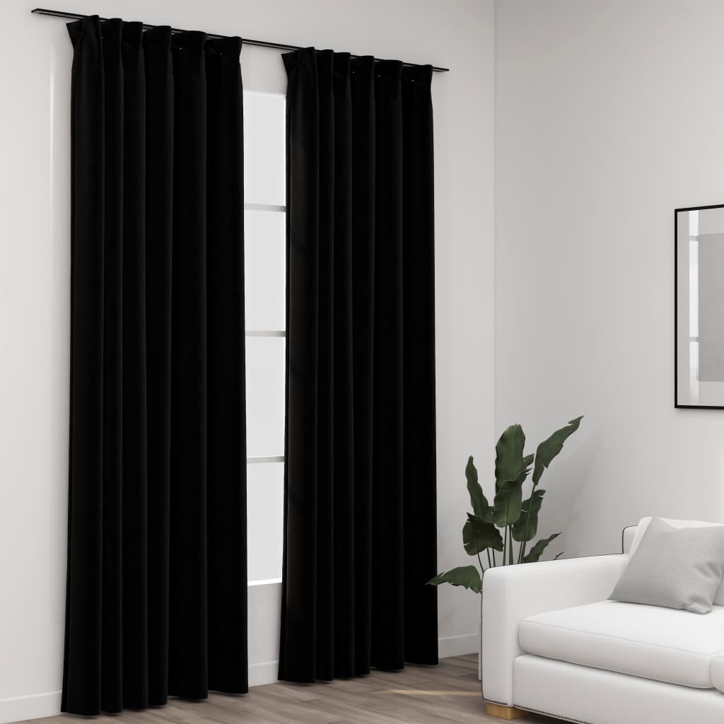 Linen-Look Blackout Curtains with Hooks 2 pcs Black 140x225 cm - Decor Base