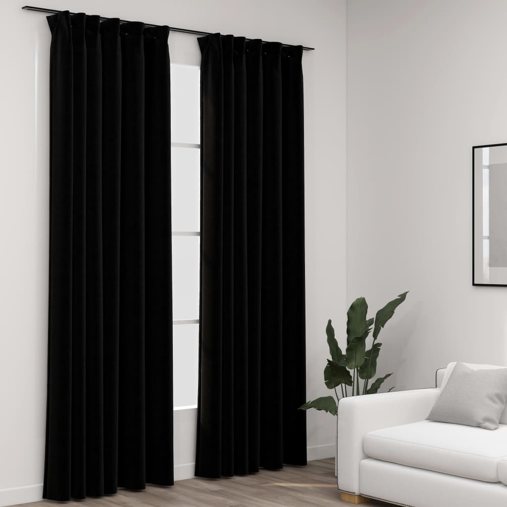 Linen-Look Blackout Curtains with Hooks 2 pcs Black 140x245 cm - R and M Furniture