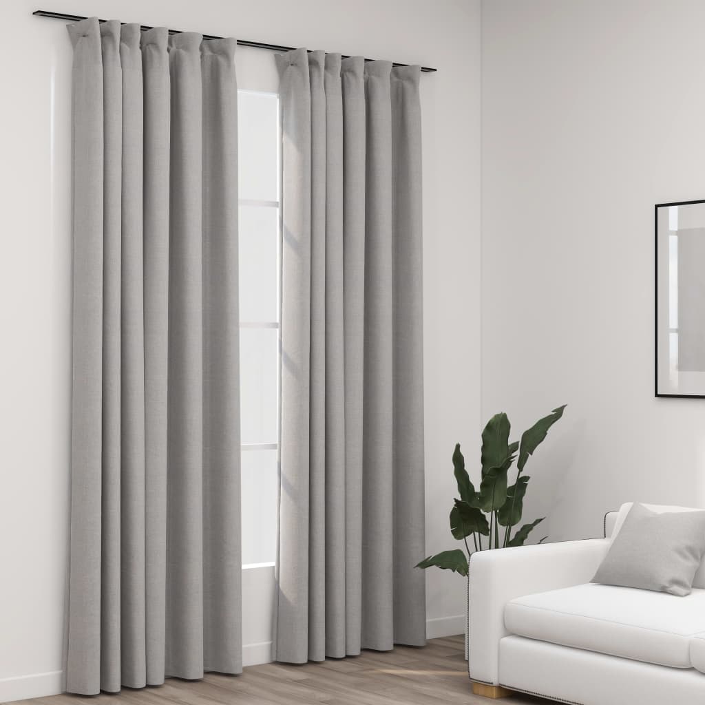 Linen-Look Blackout Curtains with Hooks 2 pcs Grey 140x225 cm - Casper Homes