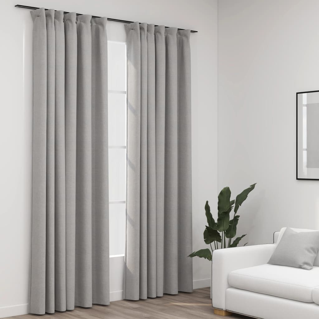 Linen-Look Blackout Curtains with Hooks 2 pcs Grey 140x245 cm - Brittle & Co