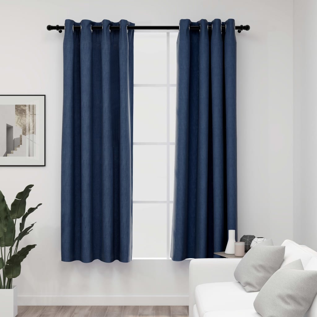 Linen-Look Blackout Curtains with Grommets 2 pcs Blue 140x175cm - Decor Base
