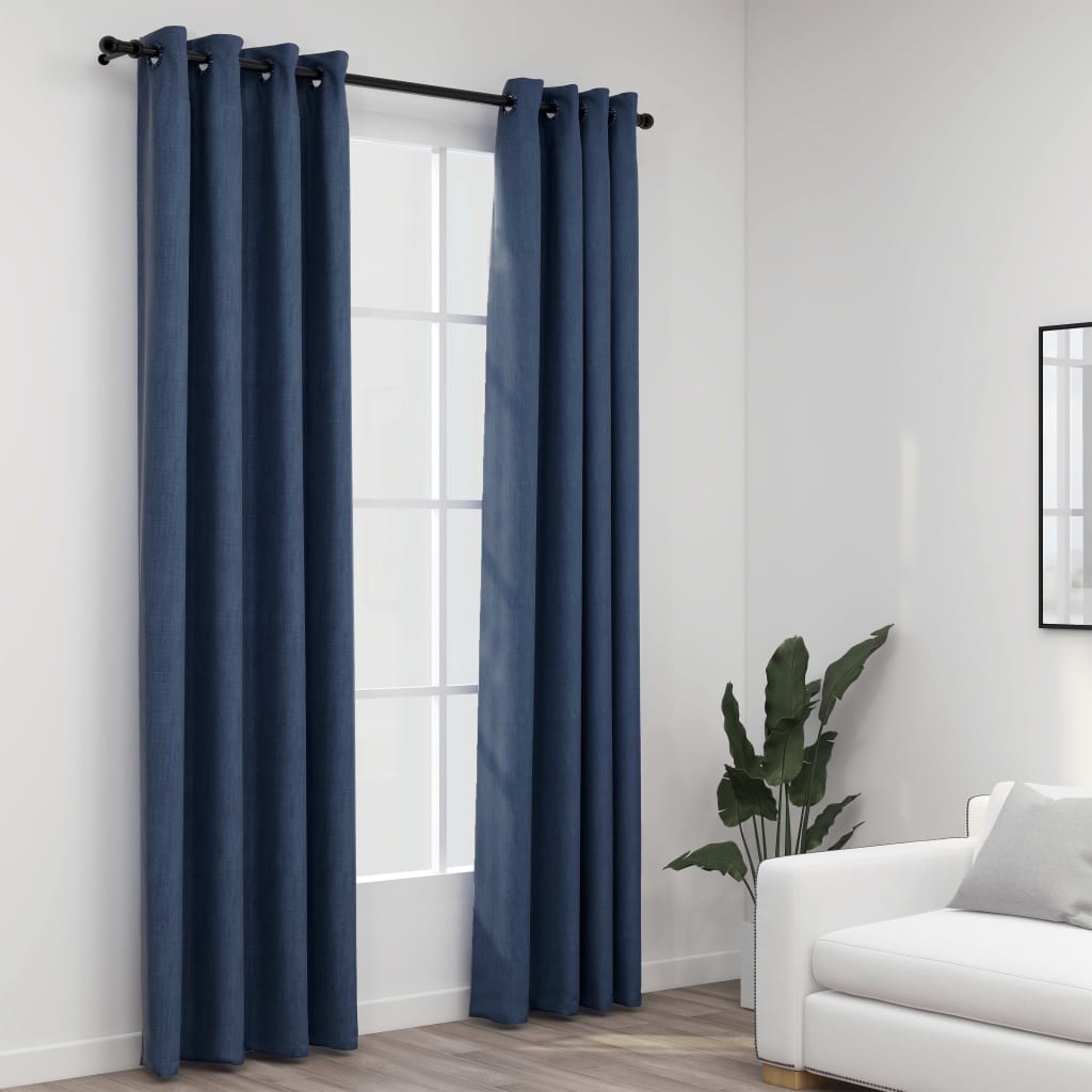Linen-Look Blackout Curtains with Grommets 2 pcs Blue 140x225cm - Unbeatable Bargains