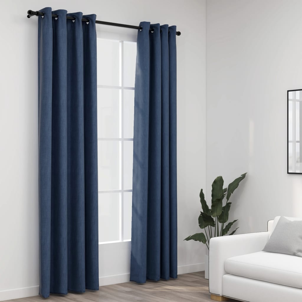 Linen-Look Blackout Curtains with Grommets 2 pcs Blue 140x245cm - Discount Dealers