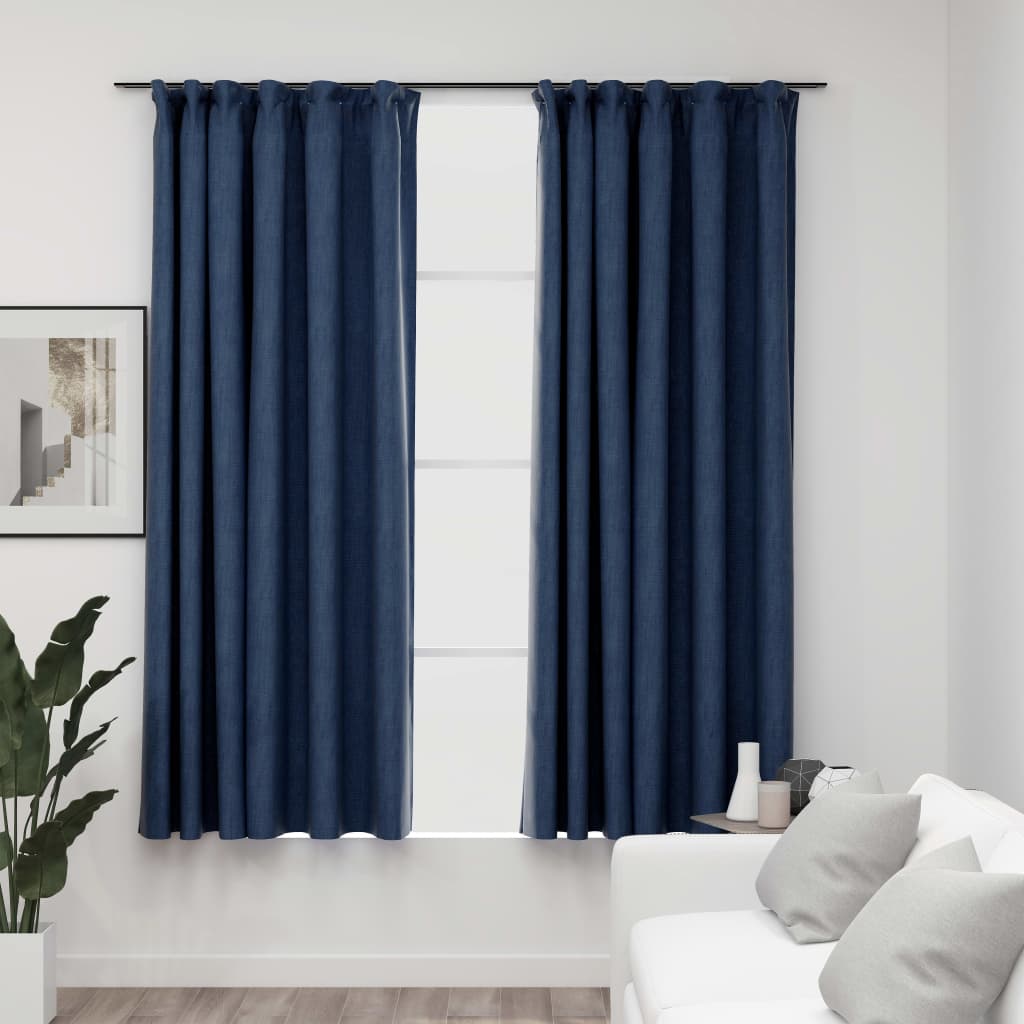Linen-Look Blackout Curtains with Hooks 2 pcs Blue 140x175 cm - Merkel Designers
