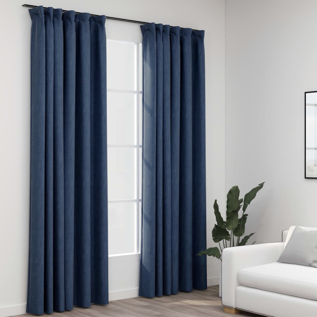 Linen-Look Blackout Curtains with Hooks 2 pcs Blue 140x225 cm - Decor Base