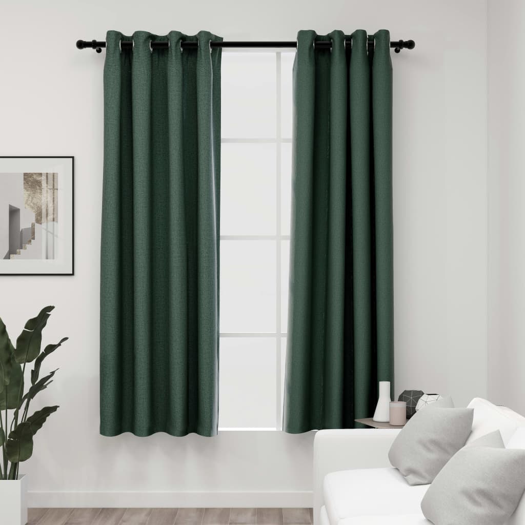 Linen-Look Blackout Curtains with Grommets 2pcs Green 140x175cm - Casper Homes