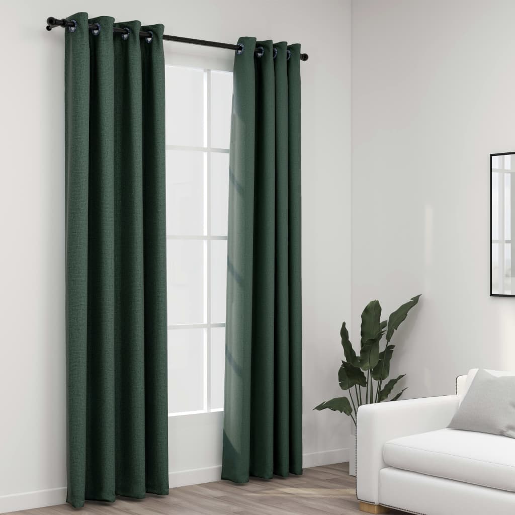 Linen-Look Blackout Curtains with Grommets 2pcs Green 140x245cm - Design Hut