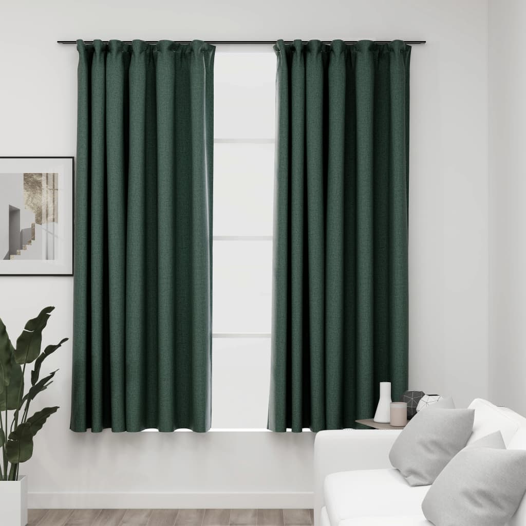 Linen-Look Blackout Curtains with Hooks 2 pcs Green 140x175 cm - Decor Base