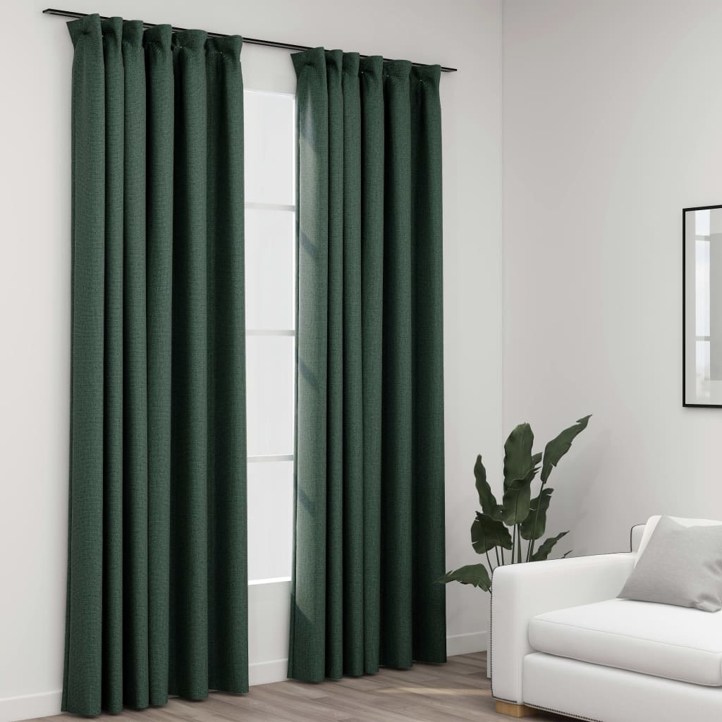 Linen-Look Blackout Curtains with Hooks 2 pcs Green 140x245 cm - Discount Dealers
