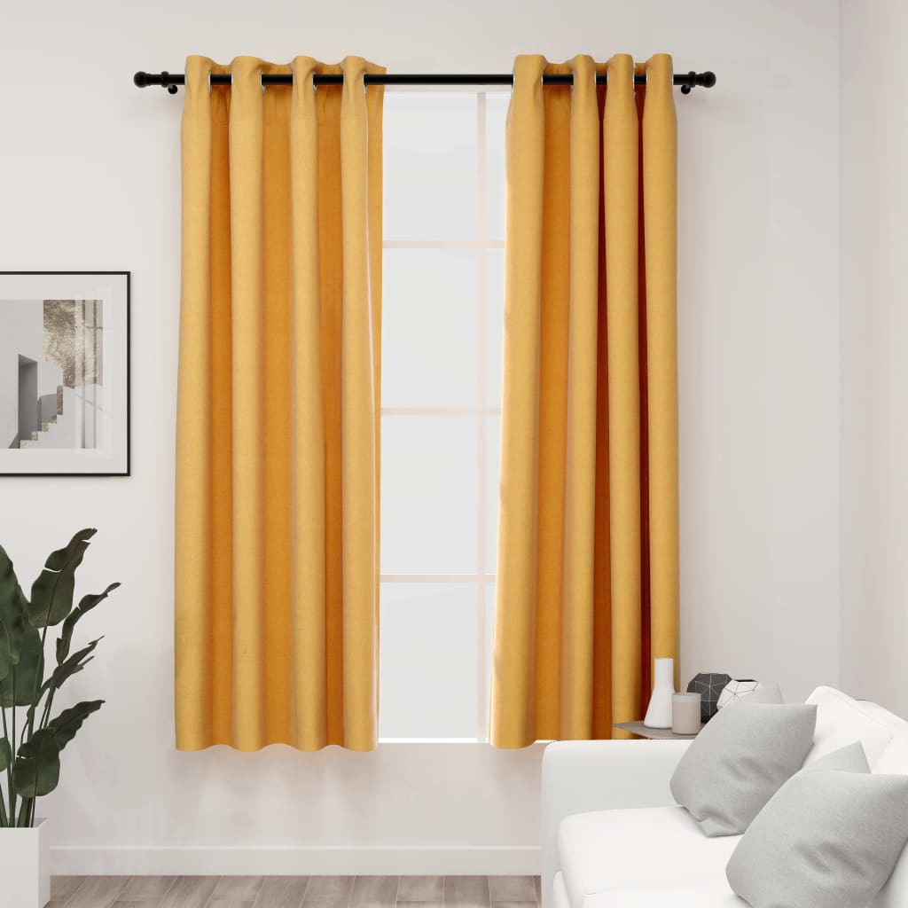Linen-Look Blackout Curtains with Grommets 2pcs Yellow 140x175cm - Casper Homes