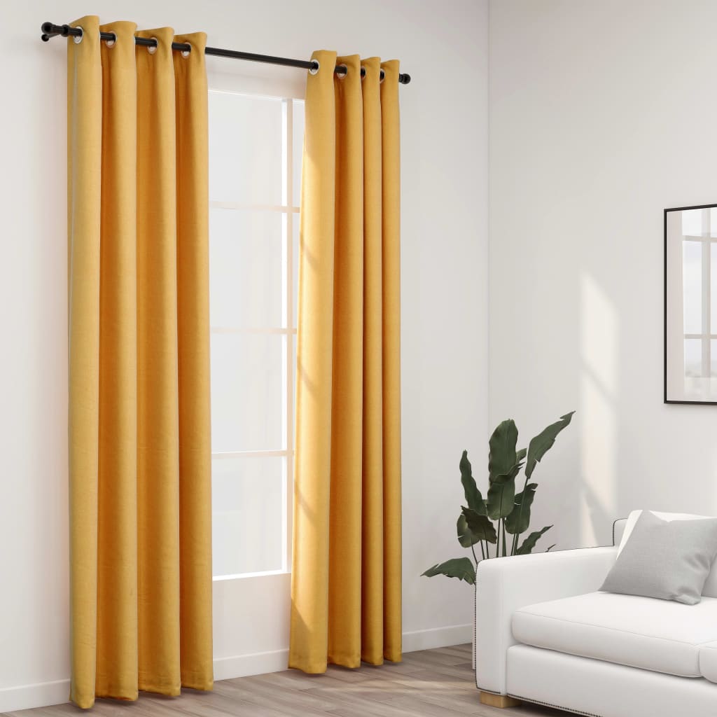 Linen-Look Blackout Curtains with Grommets 2pcs Yellow 140x225cm - Direct Imports