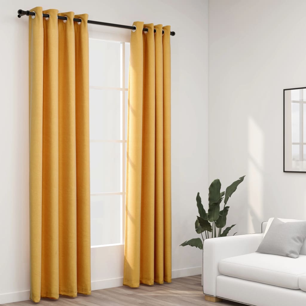 Linen-Look Blackout Curtains with Grommets 2pcs Yellow 140x245cm - Sid & Sam