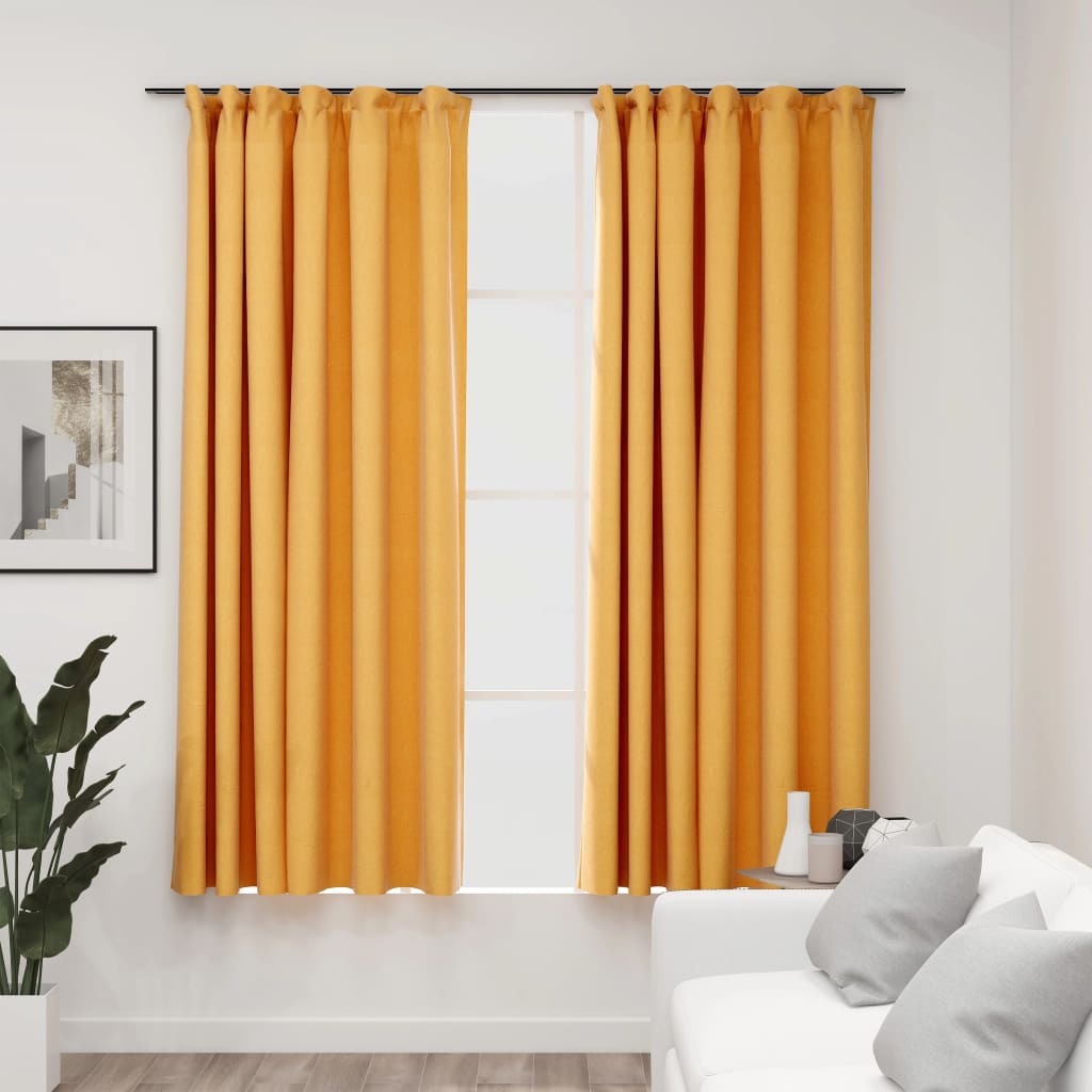 Linen-Look Blackout Curtains with Hooks 2 pcs Yellow 140x175 cm - Unbeatable Bargains