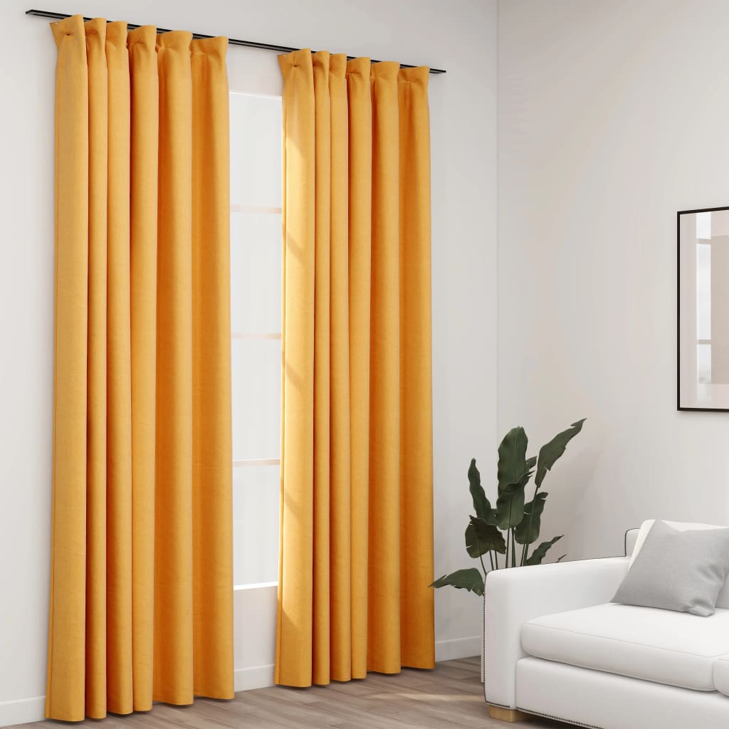 Linen-Look Blackout Curtains with Hooks 2 pcs Yellow 140x225 cm - Brittle & Co