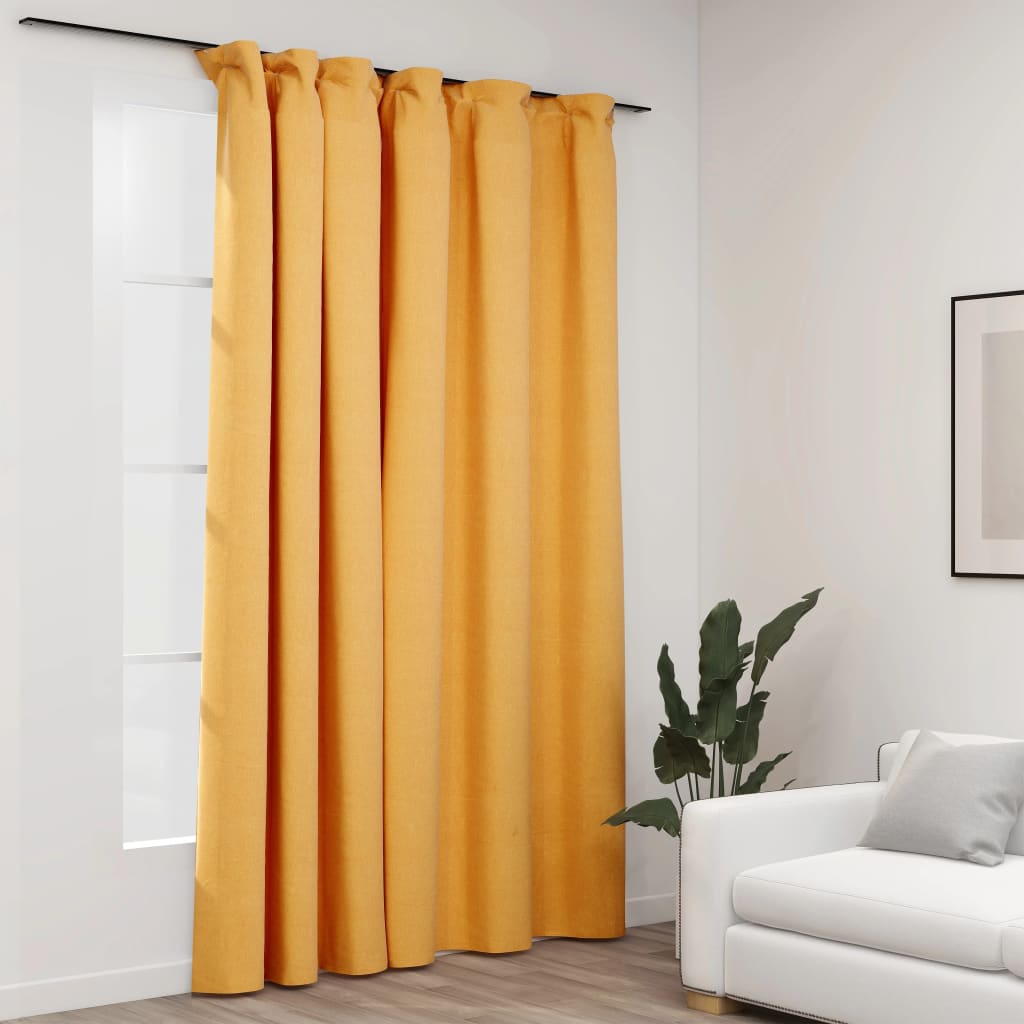 Linen-Look Blackout Curtain with Hooks Yellow 290x245 cm - Design Hut