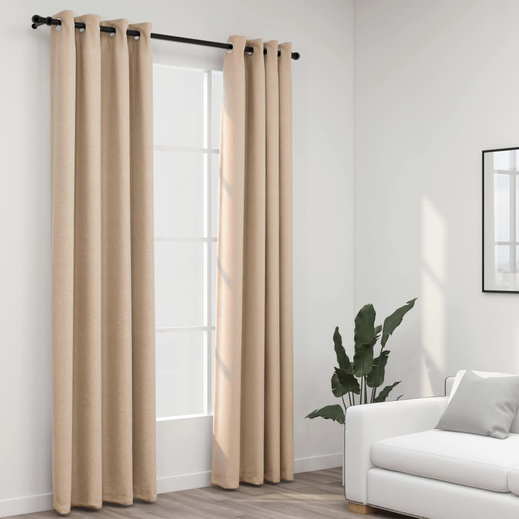 Linen-Look Blackout Curtains with Grommets 2pcs Beige 140x225cm - Discount Dealers