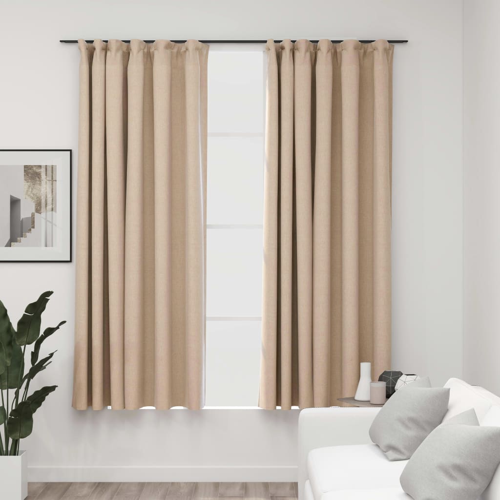 Linen-Look Blackout Curtains with Hooks 2 pcs Beige 140x175 cm - Merkel Designers