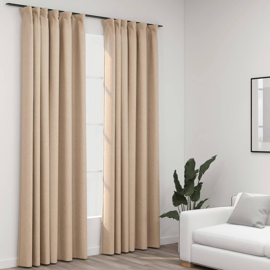 Linen-Look Blackout Curtains with Hooks 2 pcs Beige 140x225 cm - Brittle & Co