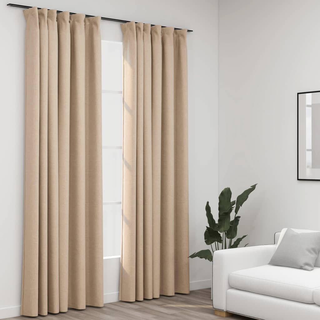 Linen-Look Blackout Curtains with Hooks 2 pcs Beige 140x245 cm - Casper Homes