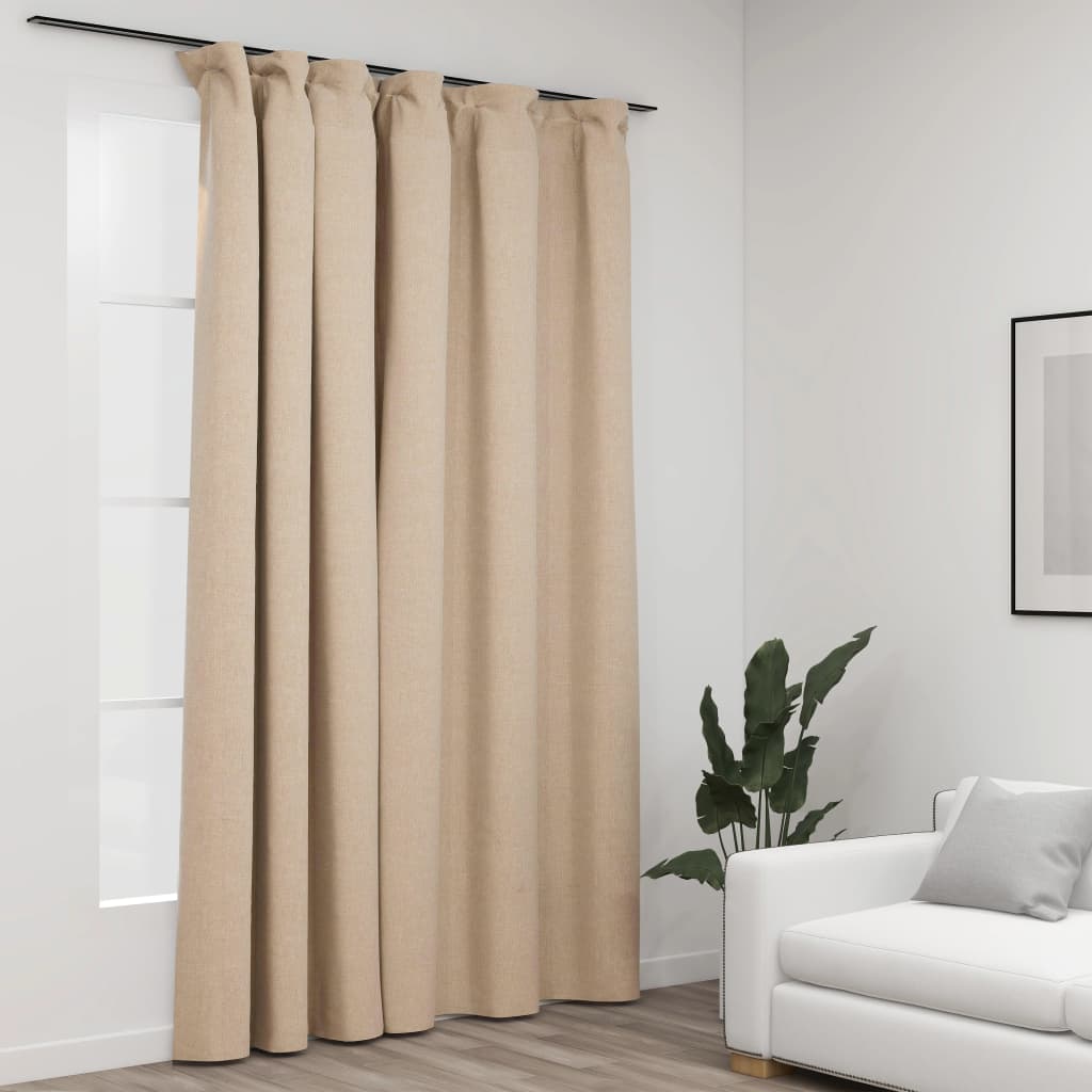 Linen-Look Blackout Curtain with Hooks Beige 290x245 cm - Direct Imports
