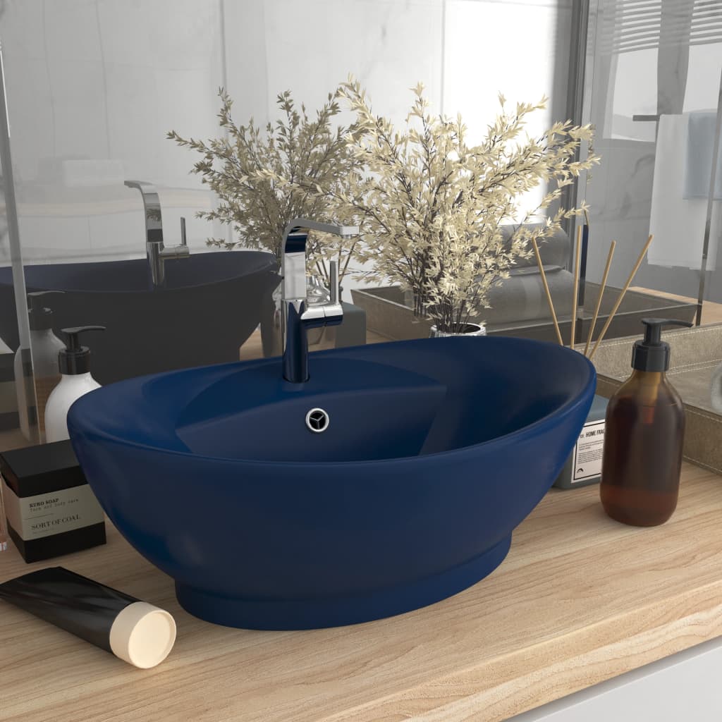 Luxury Basin Overflow Oval Matt Dark Blue 58.5x39 cm Ceramic - Decor Base