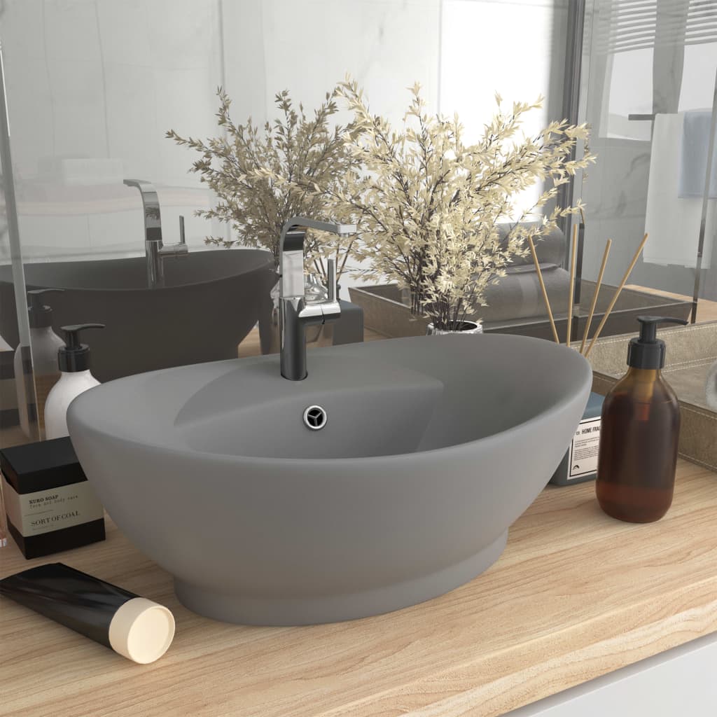 Luxury Basin Overflow Oval Matt Light Grey 58.5x39 cm Ceramic - All Things Good