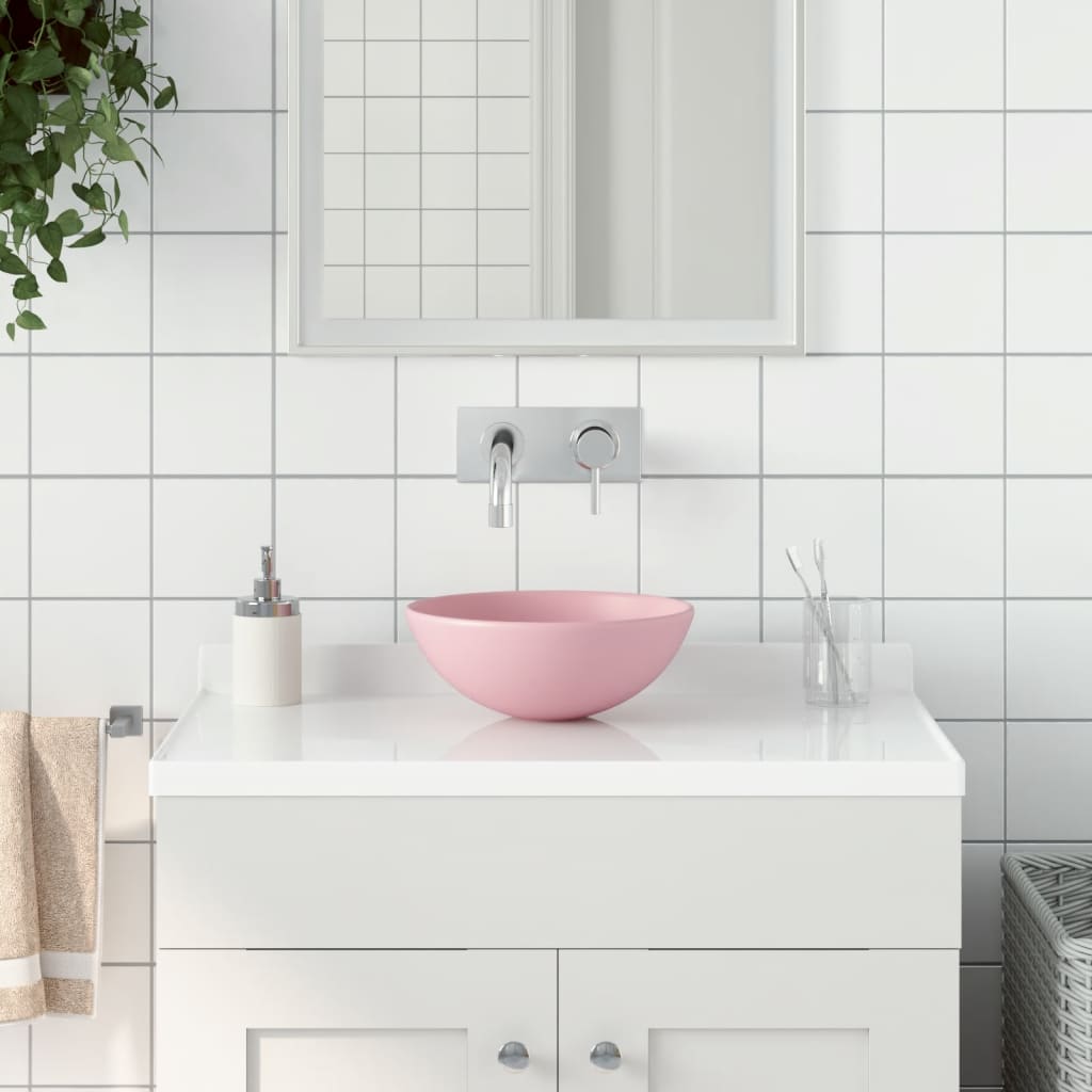 Bathroom Sink Ceramic Matt Pink Round - Brittle & Co