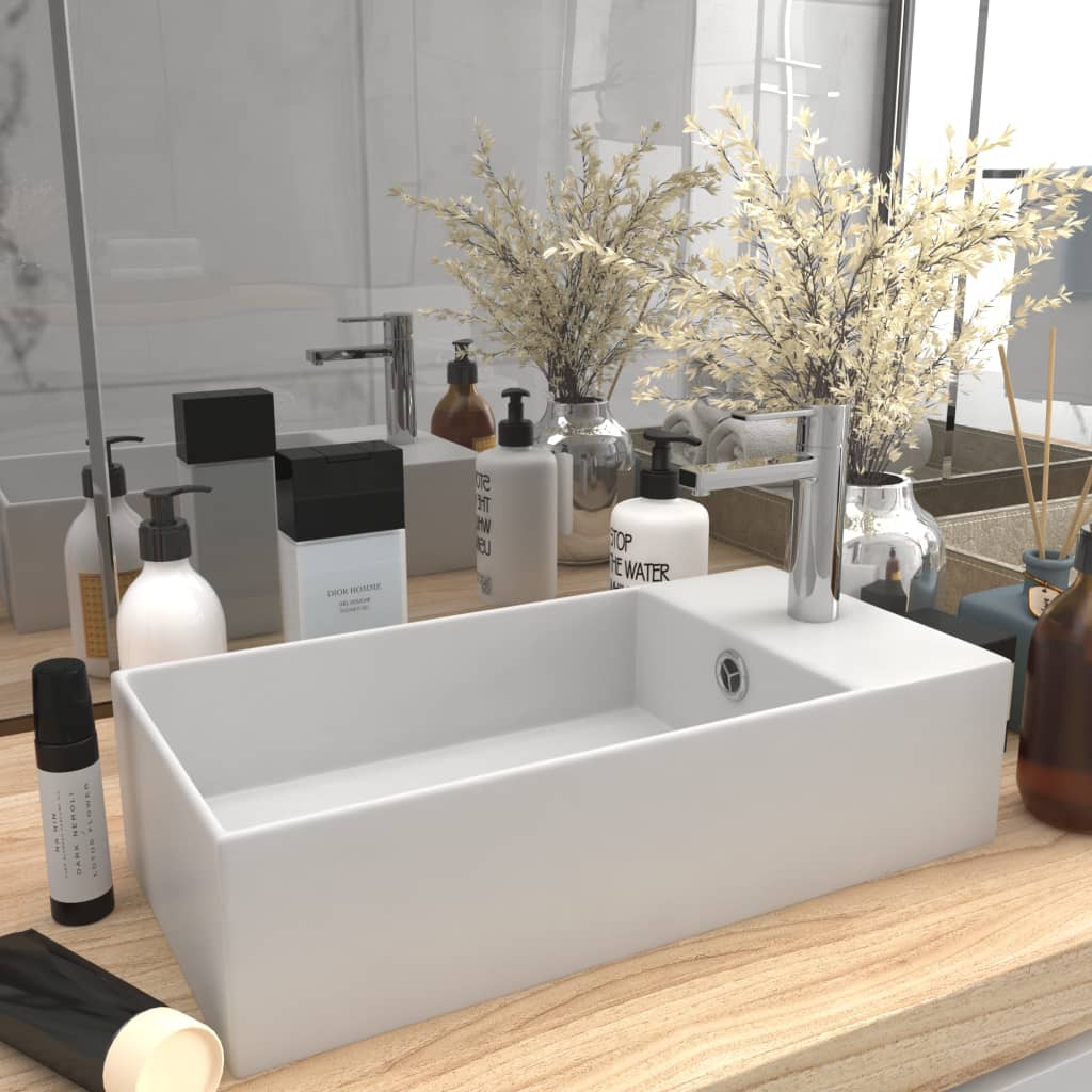 Bathroom Sink with Overflow Ceramic Matt White - Design Hut