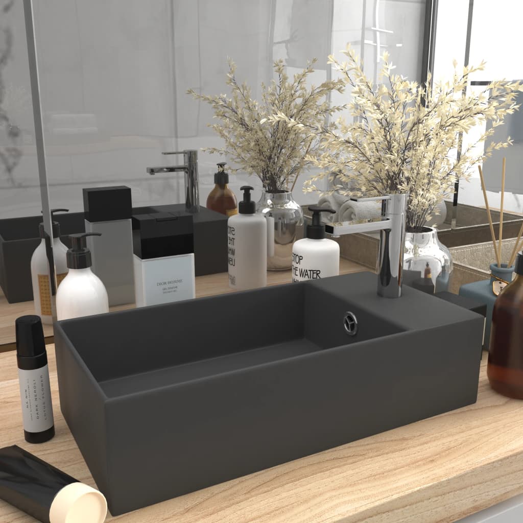 Bathroom Sink with Overflow Ceramic Dark Grey - Decor Base