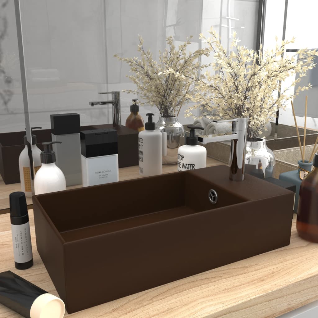 Bathroom Sink with Overflow Ceramic Dark Brown - Sid & Sam