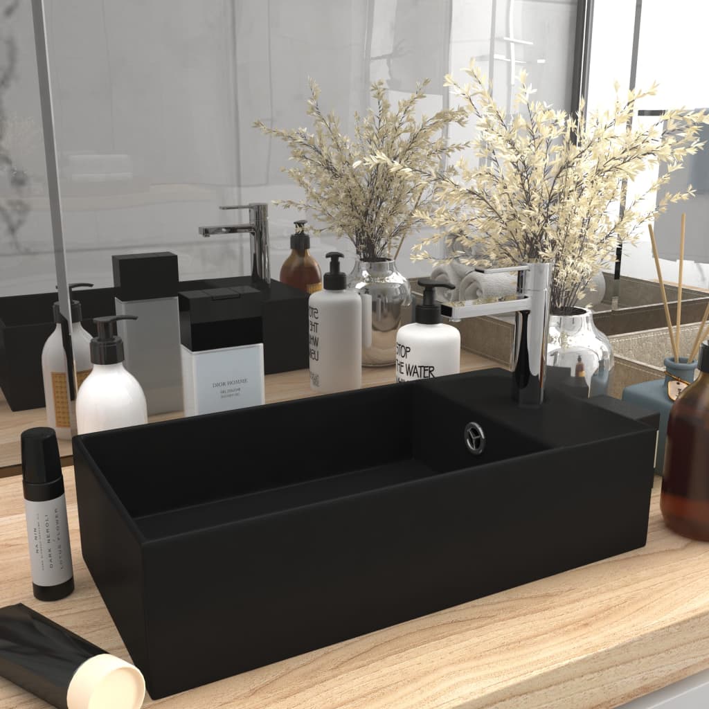 Bathroom Sink with Overflow Ceramic Matt Black - Unbeatable Bargains