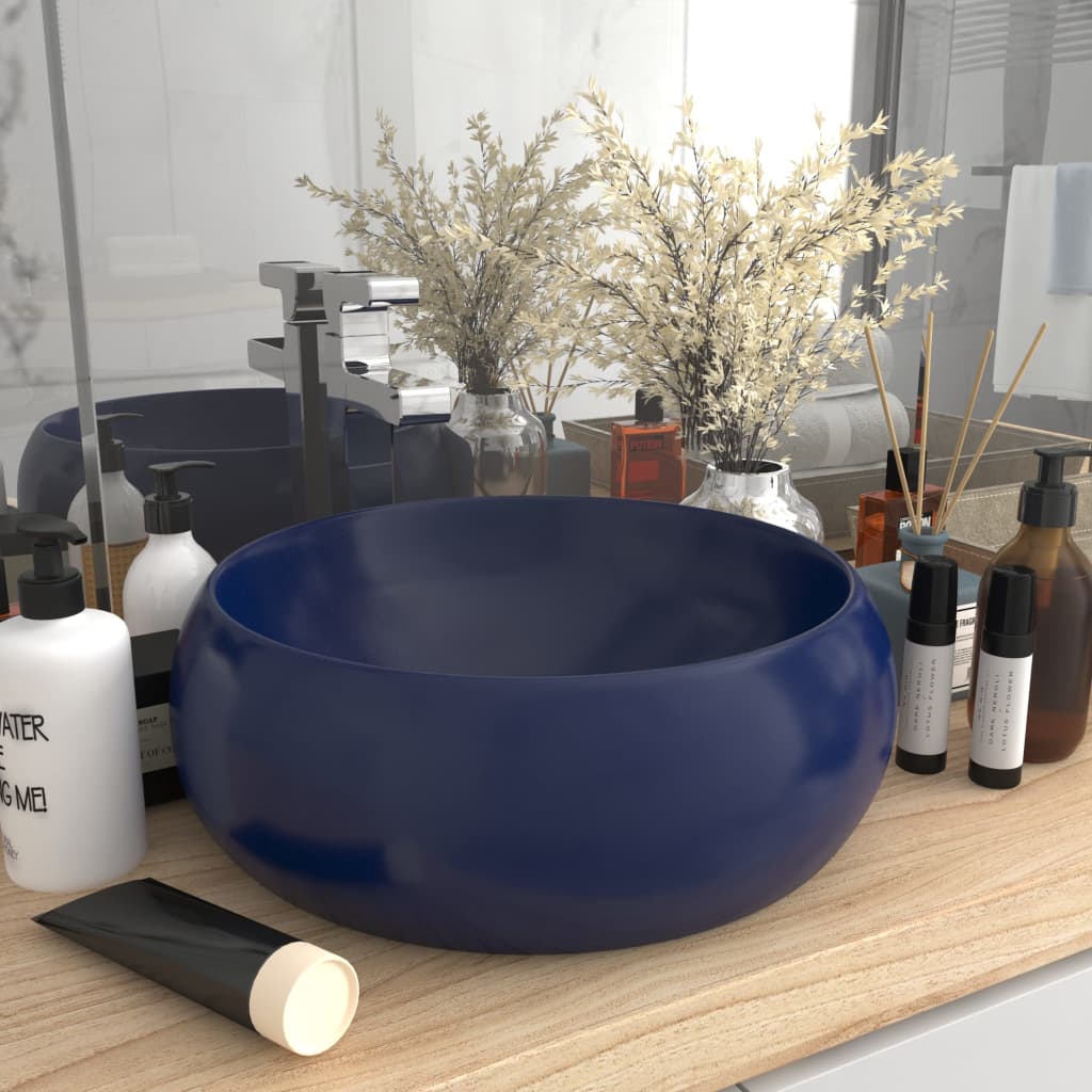 Luxury Wash Basin Round Matt Dark Blue 40x15 cm Ceramic - Decor Base