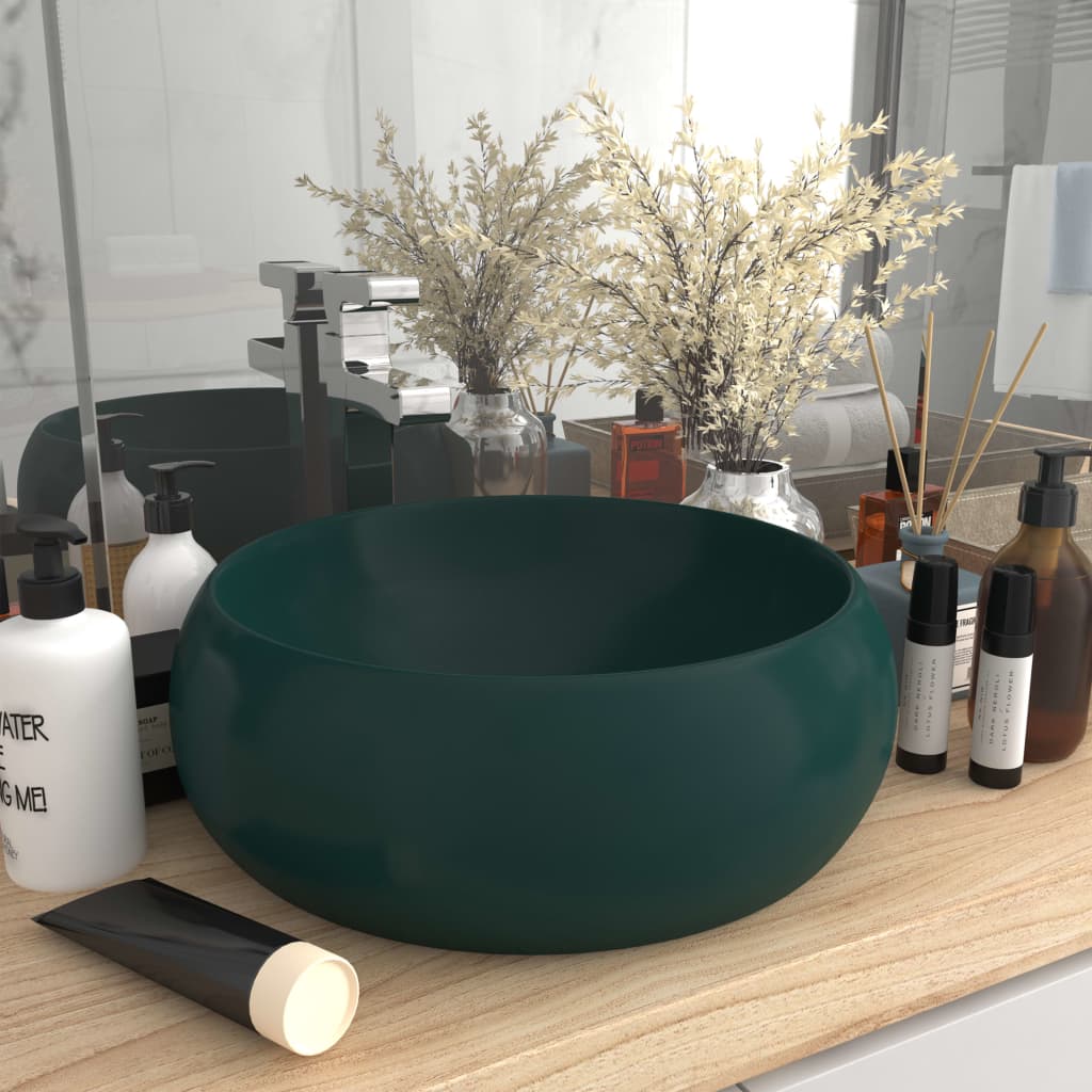 Luxury Wash Basin Round Matt Dark Green 40x15 cm Ceramic - Decor Base