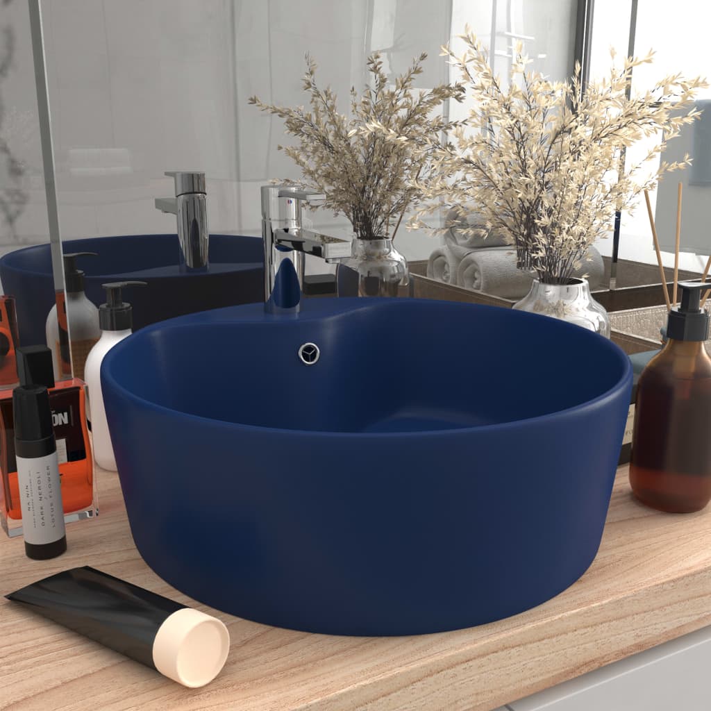 Luxury Wash Basin with Overflow Matt Dark Blue 36x13 cm Ceramic - Decor Base