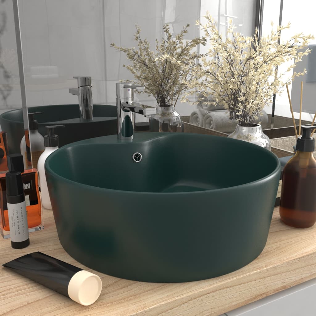 Luxury Wash Basin with Overflow Matt Dark Green 36x13 cm Ceramic - Decor Base